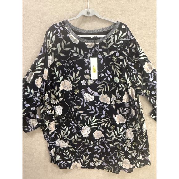 Calvin Klein 3X Black Purple Floral Vines Tunic NEW Tags Sheer Silver Neckline - Picture 9 of 12